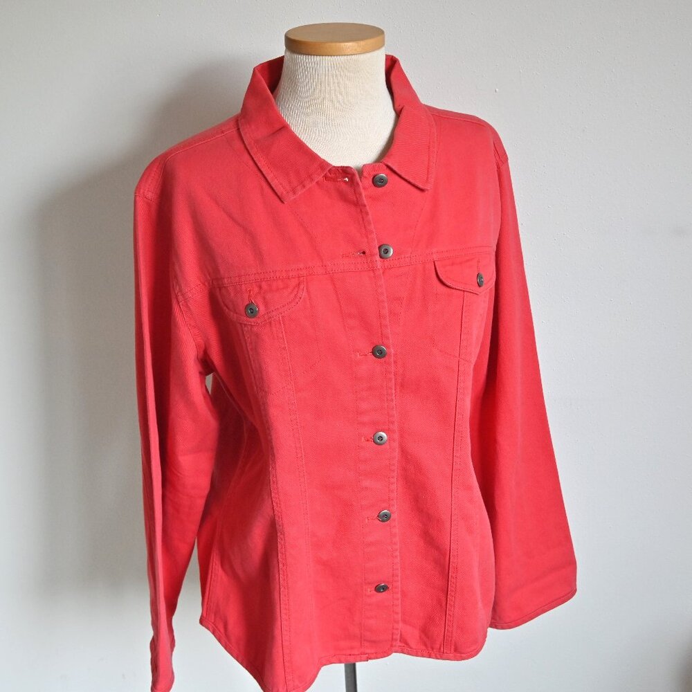 Chico's Y2K 90s Retro Biker Front Button Classic Fit Red Denim Jean Jacket Sz 3